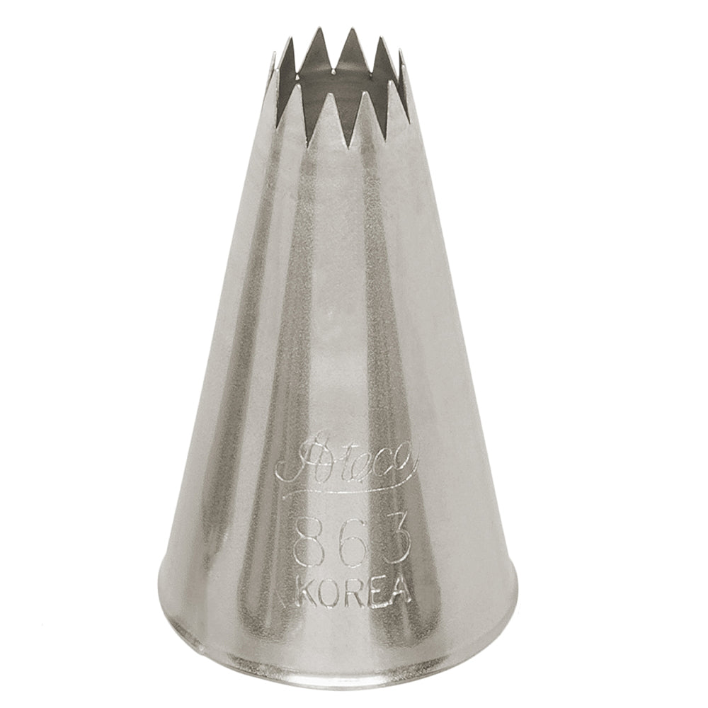 Ateco French Star Tip #863, stainless steel piping tip for creating intricate star, swirl, and textured icing designs.