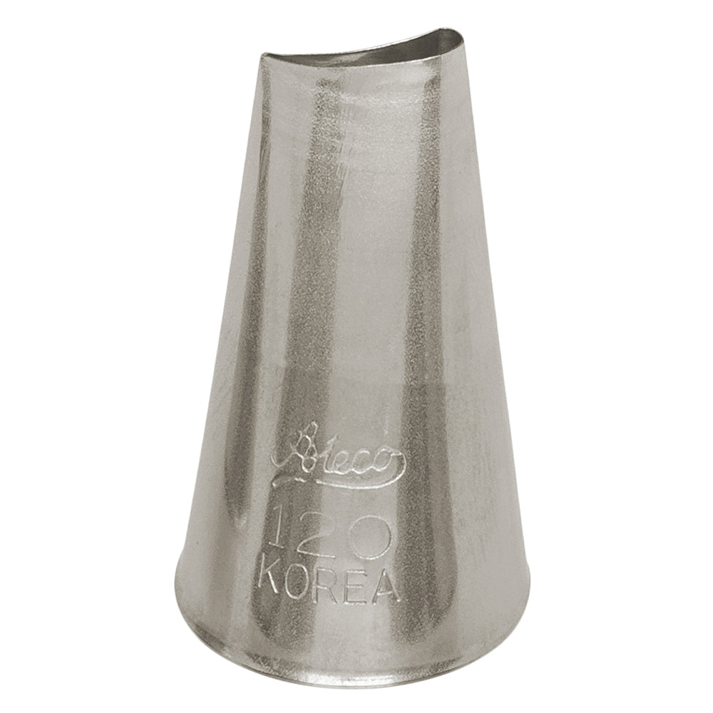 A stainless steel Ateco #120 large rose piping tip with a 0.62-inch opening, perfect for creating realistic rose-shaped buttercream decorations.