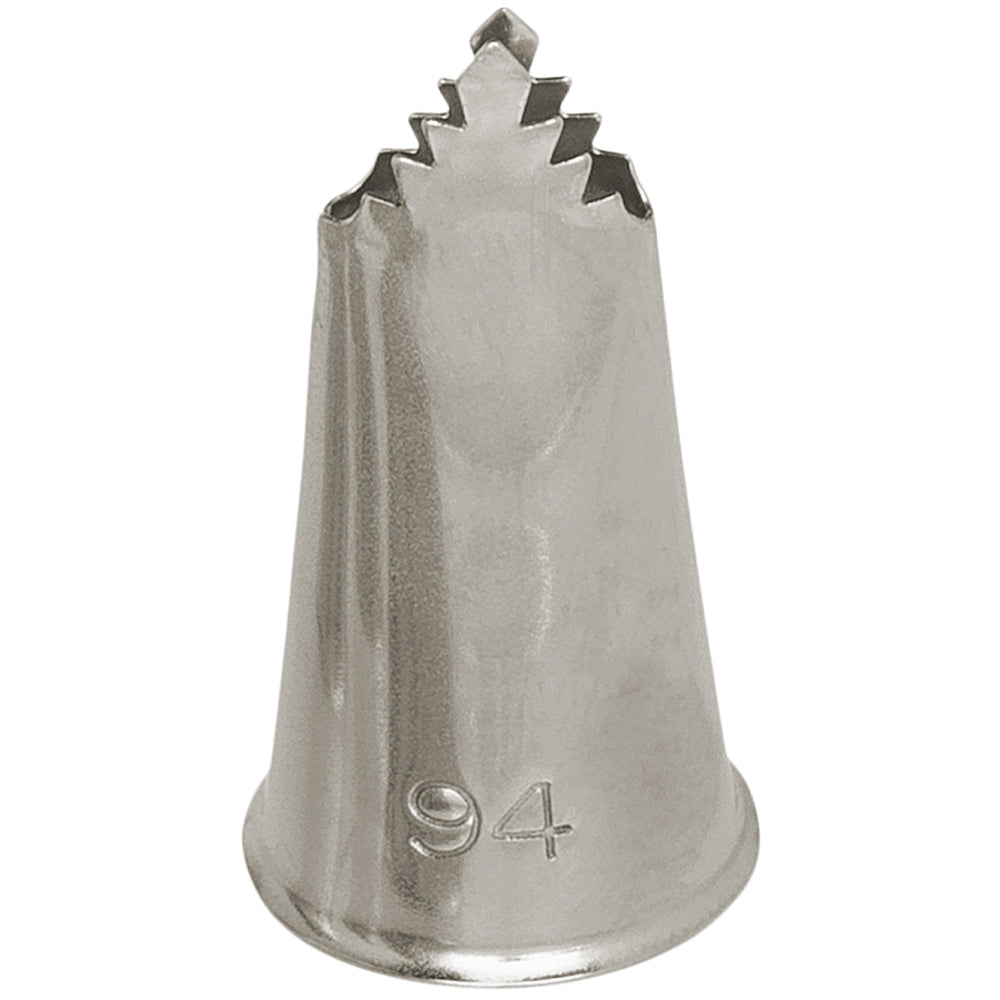 Ateco #94 Leaf piping tip with a 0.36" v-shaped opening, ideal for creating plain, ruffled, or stand-up leaf designs on cakes and pastries. Durable stainless steel construction.