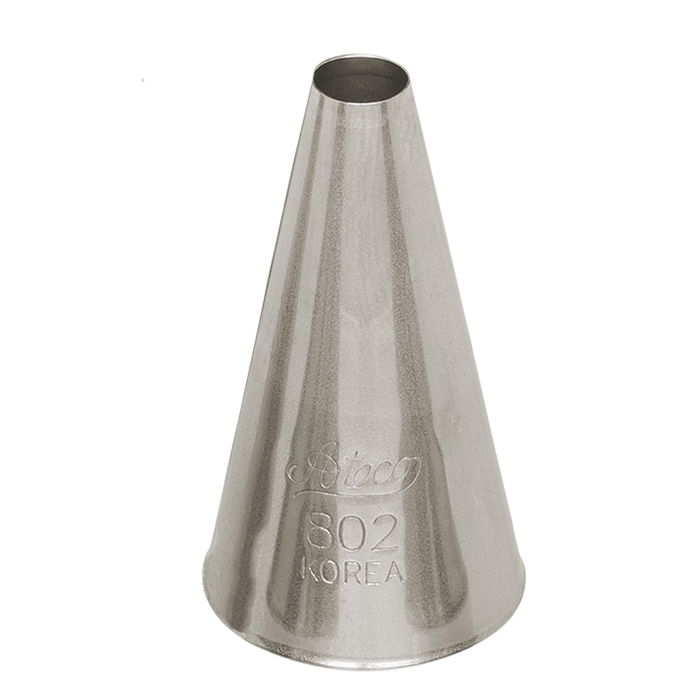 Ateco Piping Tip #802, a round stainless steel tip with a 1/4-inch opening, perfect for creating smooth, detailed piping on cakes and filling smaller pastries like éclairs.