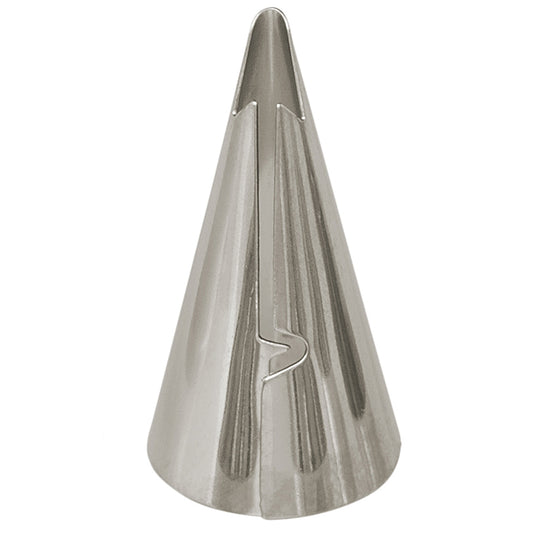 Ateco #040 Ruffle piping tip with a 0.9" tip opening and teardrop shape, perfect for creating ribbons, bows, and scallops. Stainless steel with a small 11/16" base diameter.