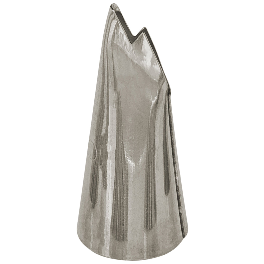 A stainless steel Ateco Ruffle Pastry Tube #050 with a 0.67-inch tip opening, designed to create intricate ruffle patterns on cakes and pastries. The tube features a curved, scalloped edge for perfect ruffles and is durable for long-lasting use.