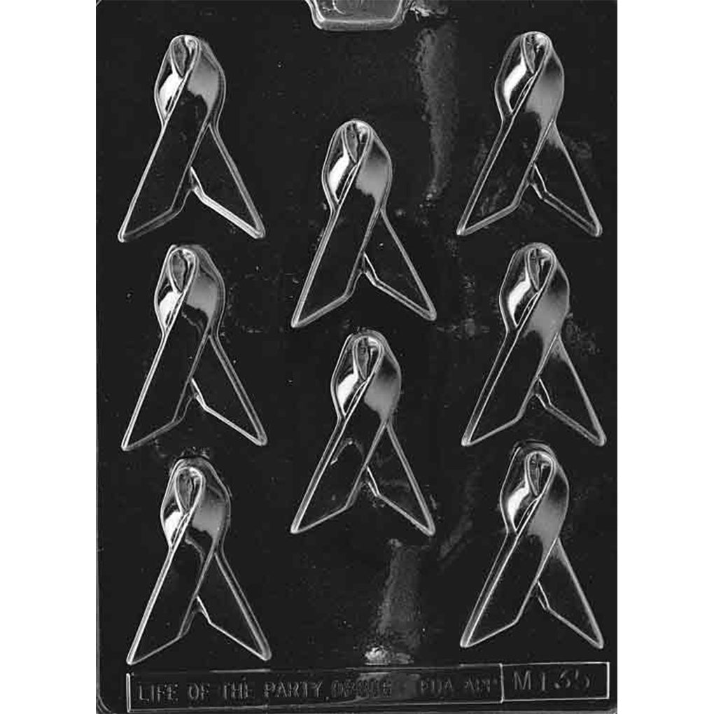 Clear plastic awareness ribbon chocolate mold on dark background with eight looped ribbon cavities for making cause-support chocolates for fundraisers and events.
