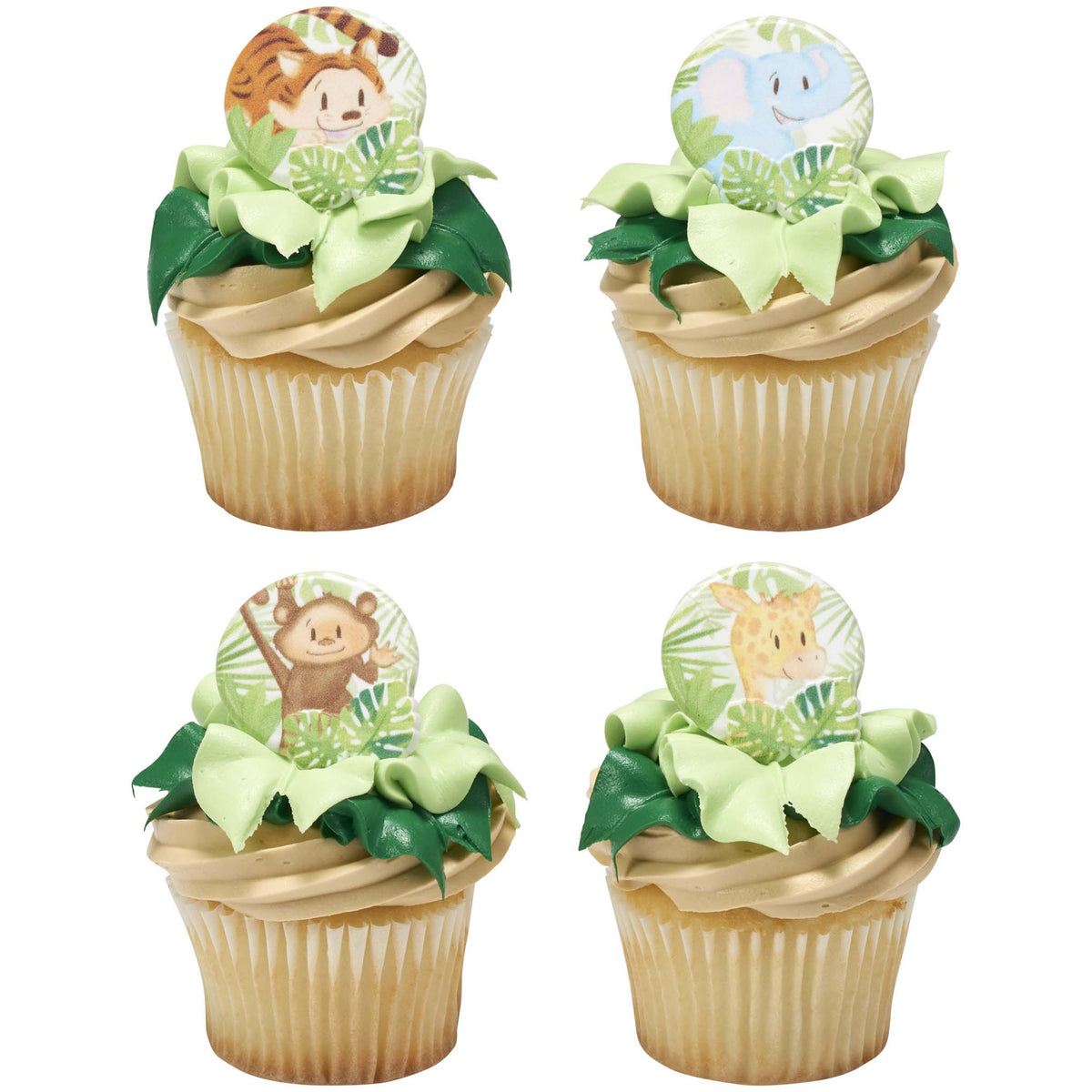 Four jungle-themed cupcakes with green leaf frosting topped with baby tiger, elephant, monkey, and giraffe cupcake rings