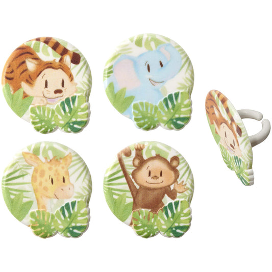 Assorted baby animal cupcake rings featuring a tiger, elephant, giraffe, and monkey surrounded by green tropical leaves