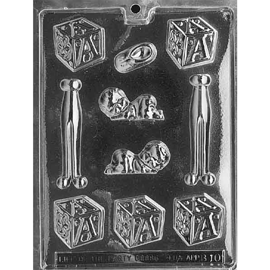 Clear plastic assorted baby chocolate mold photographed on a black background, showing cavities shaped like baby blocks, a baby bootie, sleeping babies, and other baby-themed accent pieces.