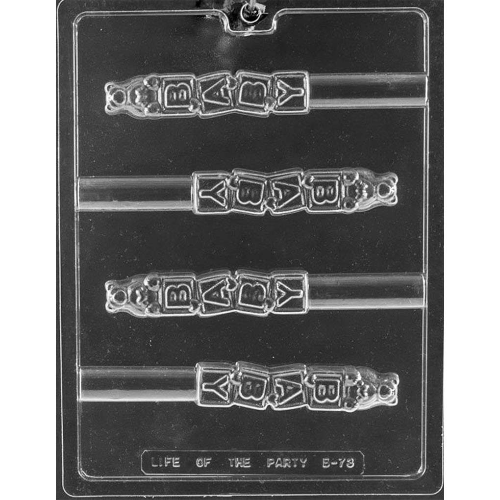 Clear plastic pretzel rod chocolate mold photographed on a dark background with four cavities, each showing stacked baby blocks spelling “BABY” topped with a small teddy bear and a long pretzel rod channel.