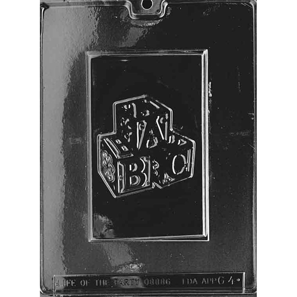 Clear chocolate mold with one large rectangular bar cavity featuring a raised stack of decorative baby blocks in the center on a dark background.