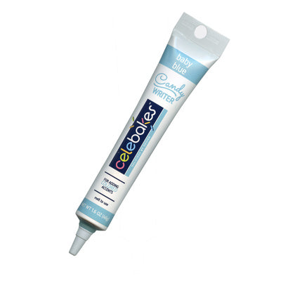 Tube of Celebakes Baby Blue Candy Writer for decorating chocolates and candies.