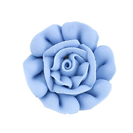 Baby blue royal icing rose with layered petals, 1.75 inches in diameter