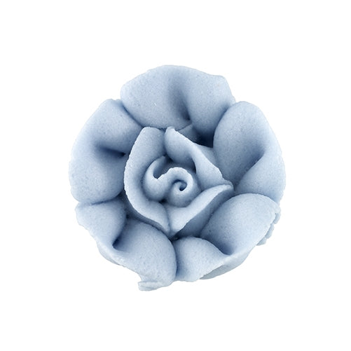Baby blue small royal icing rose with softly curled petals, 3/4 inch, edible decoration for wedding cakes, cupcakes, and cookies