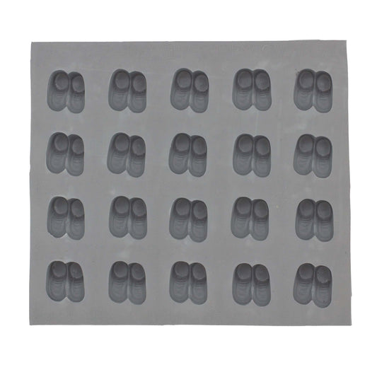Full 20-cavity Baby Booties Rubber Mint Mold sheet made from 100% natural rubber, each cavity shaped like a pair of baby shoes with sneaker-style features.