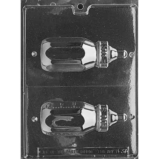 Clear plastic chocolate mold with two large baby bottle cavities, each showing a tall bottle shape with a defined nipple top and a visible seam line for assembling as a 3D mold.
