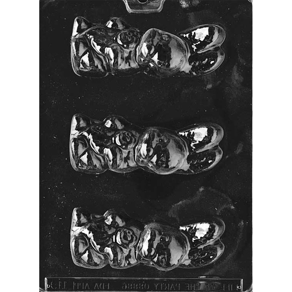 Clear plastic chocolate mold with three cavities of an upright baby bunny holding a bouquet of flowers.