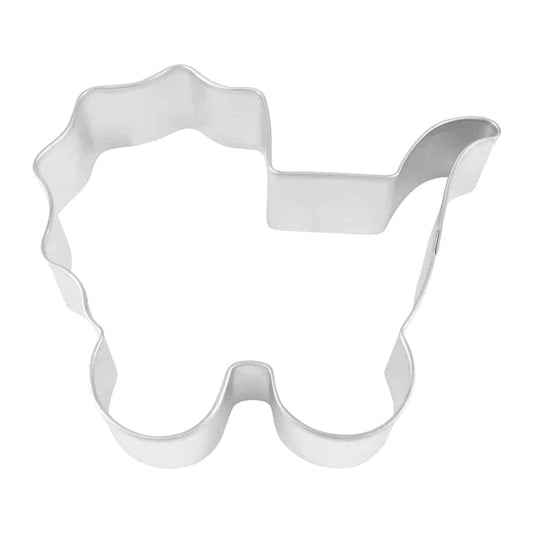 Baby carriage-shaped metal cookie cutter, perfect for baby shower and newborn-themed cookies.