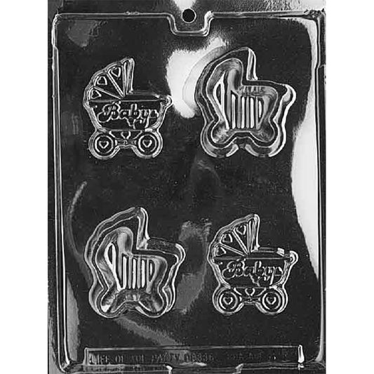Clear Baby Carriage Pour Box Chocolate Mold photographed against a black background with 4 cavities for making 2 fillable carriage-shaped chocolate boxes, including detailed fronts with “Baby” lettering and matching backs.