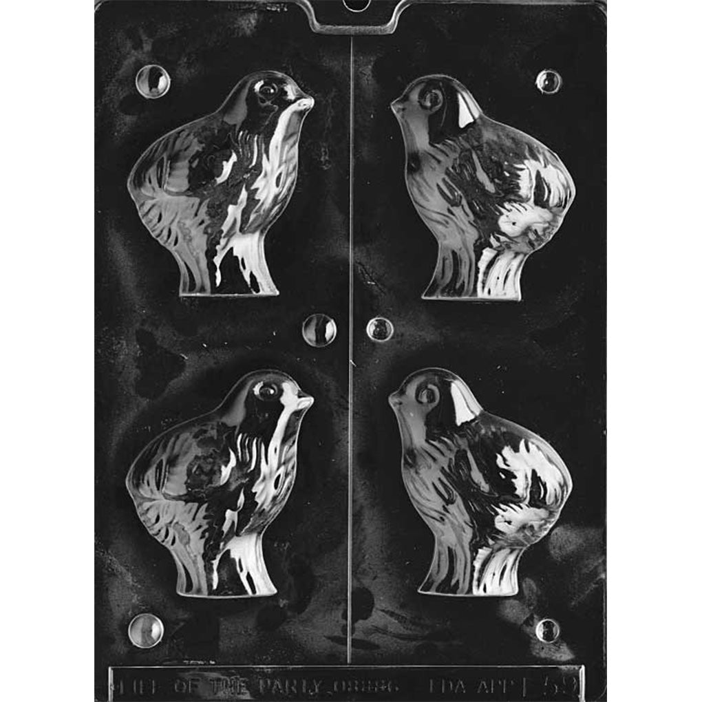 Clear plastic baby chick 3D chocolate mold with a vertical center cut line and four chick cavities, showing matching front and back halves for a hollow 3-inch chick.