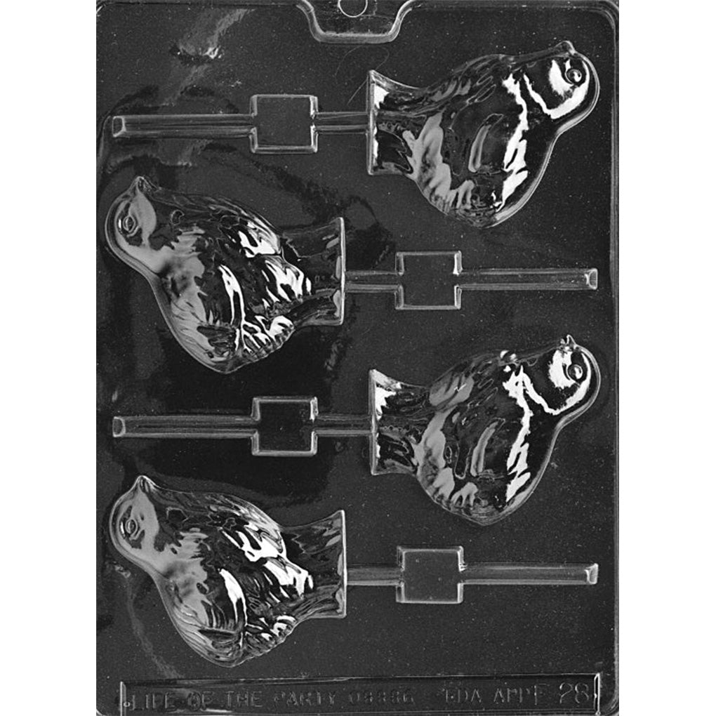 Clear plastic chocolate lollipop mold with large baby chick-shaped cavities, showing raised feather texture and a defined eye and beak, with built-in stick slots on a dark background.