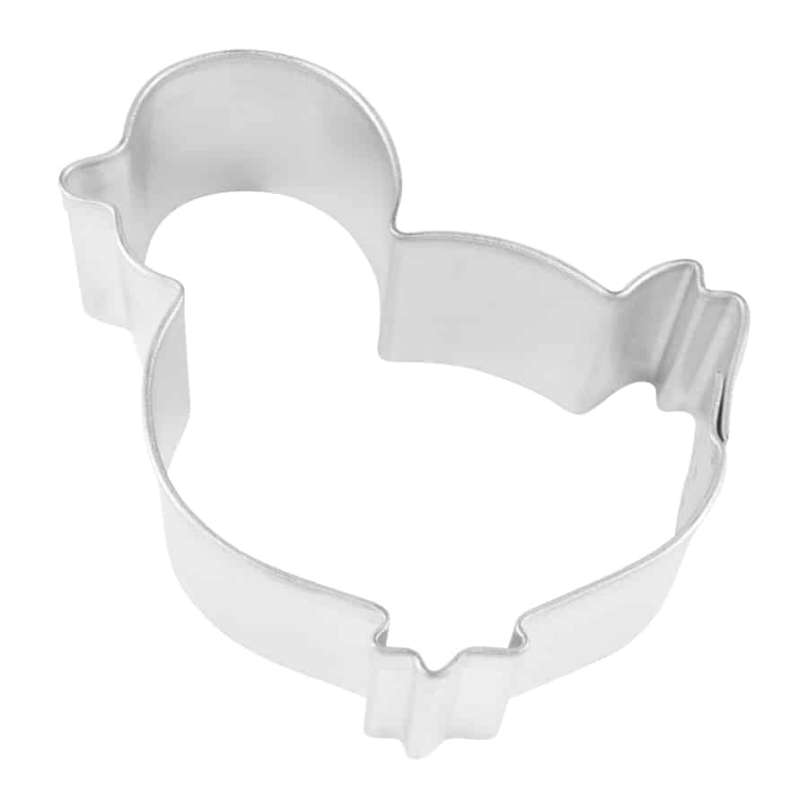 Metal chick-shaped cookie cutter with a rounded body and small beak, shown from a top-down view.