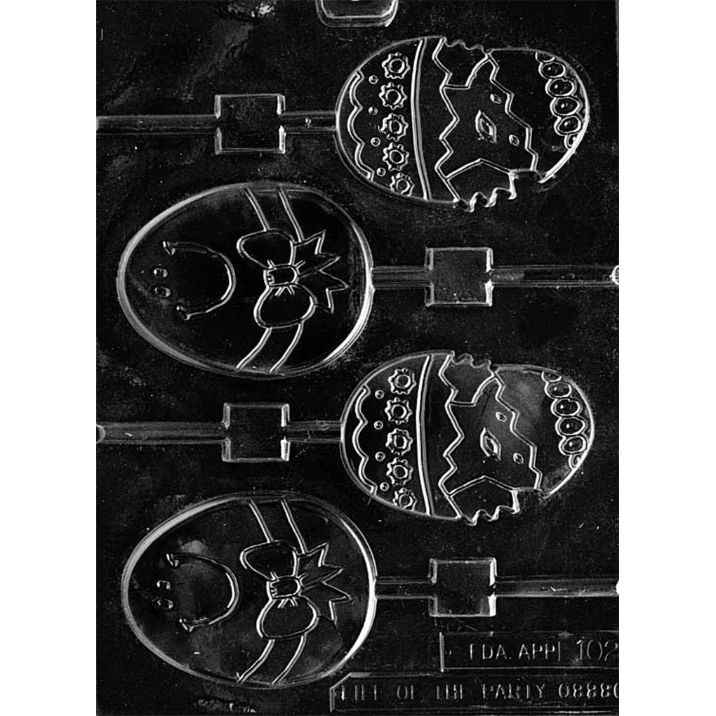 Clear plastic chicken and Humpty Dumpty chocolate lollipop mold with four oval lollipop cavities, featuring two designs: a baby chick hatching from an egg and a Humpty Dumpty character, each with a stick channel.