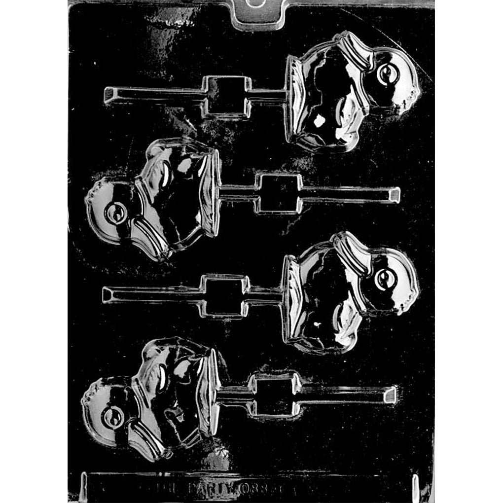 Clear plastic chocolate lollipop mold with five duckling cavities showing a baby duck sitting on a small base with a raised beak, round eye, and collar detail, each connected to a stick channel on a dark background.