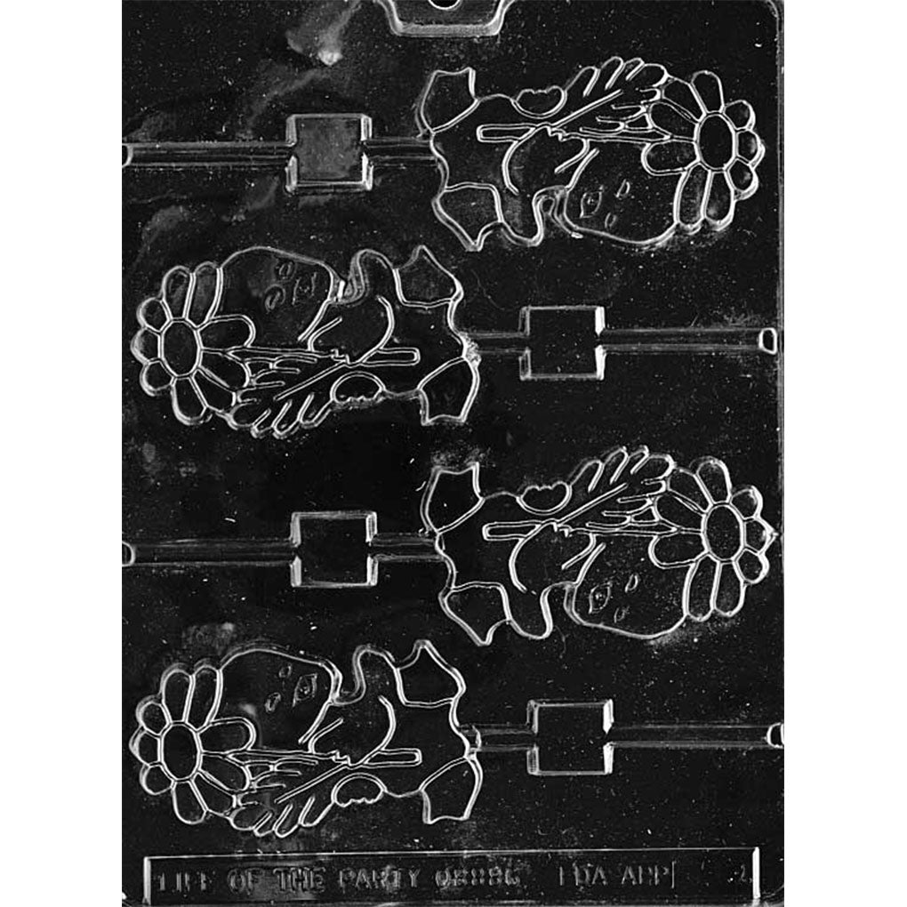 Clear plastic duck with daisy chocolate lollipop mold with four cavities, each showing a duck holding a daisy flower in its beak and a built-in stick channel.