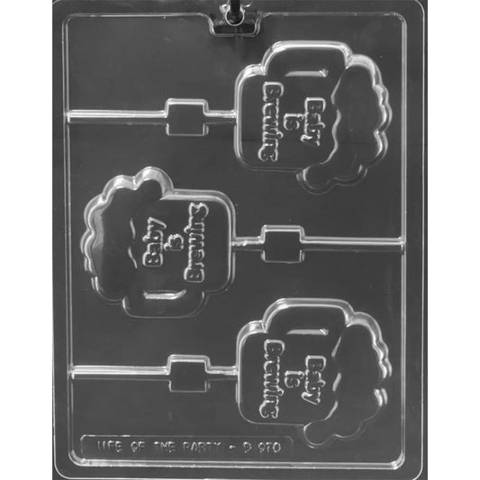 Clear plastic chocolate lollipop mold with three beer stein shaped cavities featuring a foamy top and the embossed phrase “Baby is Brewing.”
