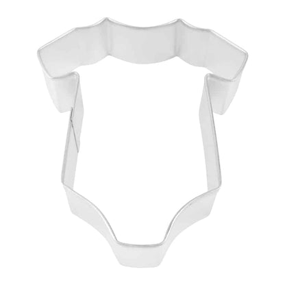 4-inch baby onesie cookie cutter made from durable metal with a crisp, precise shape.