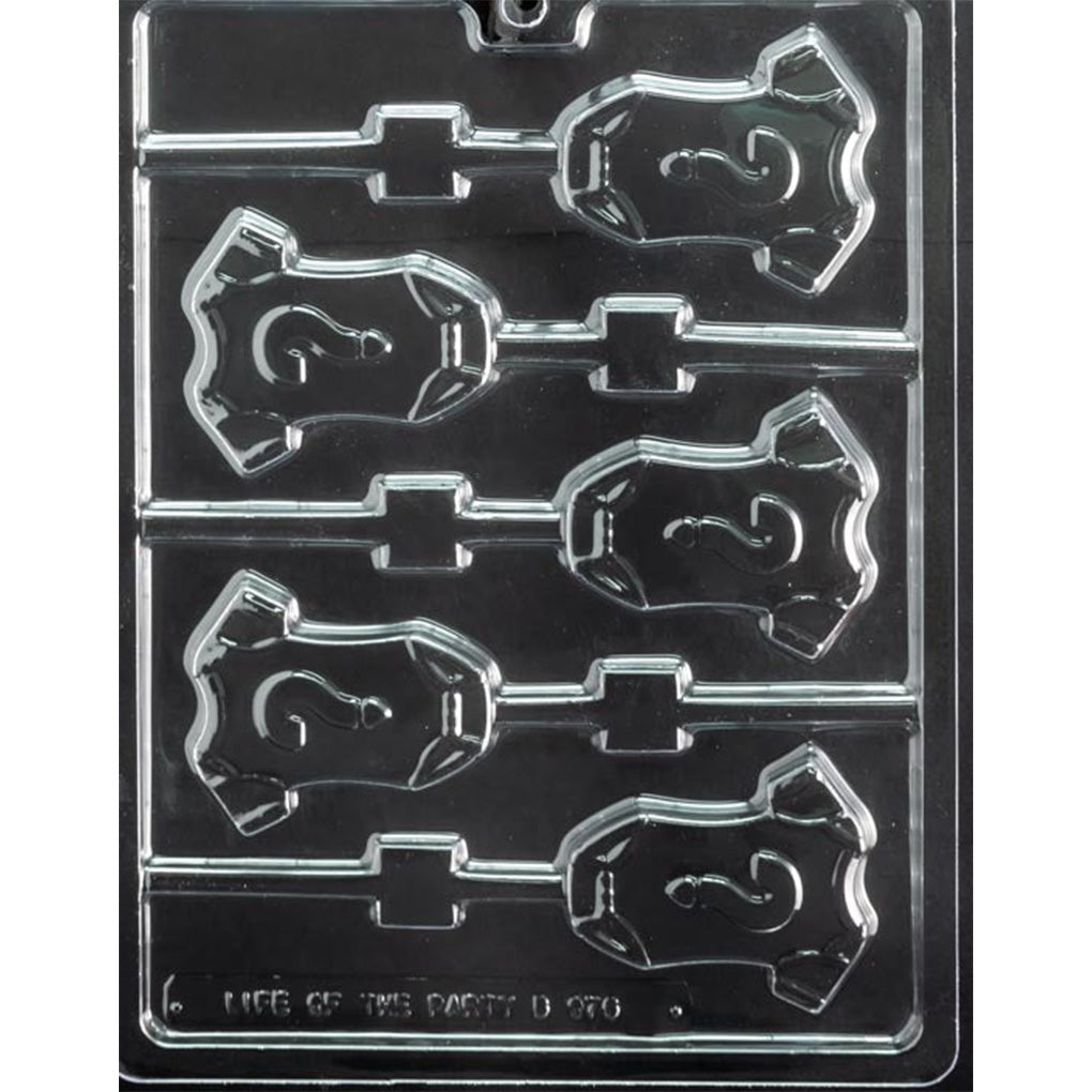 Five-cavity baby onesie question mark chocolate lollipop mold with 2 7/8 x 2 3/8 inch bodysuits and built-in stick channels