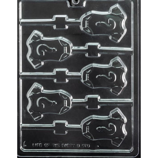 Five-cavity baby onesie question mark chocolate lollipop mold with 2 7/8 x 2 3/8 inch bodysuits and built-in stick channels