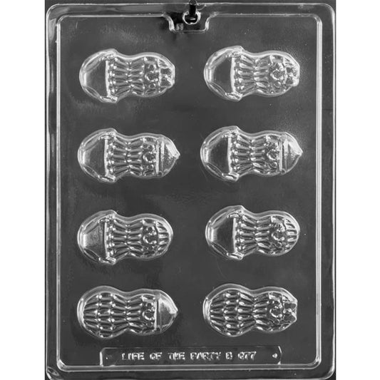 Plastic chocolate mold with eight baby peanut character cavities featuring smiling faces and outfit details like diapers, hats, and bows