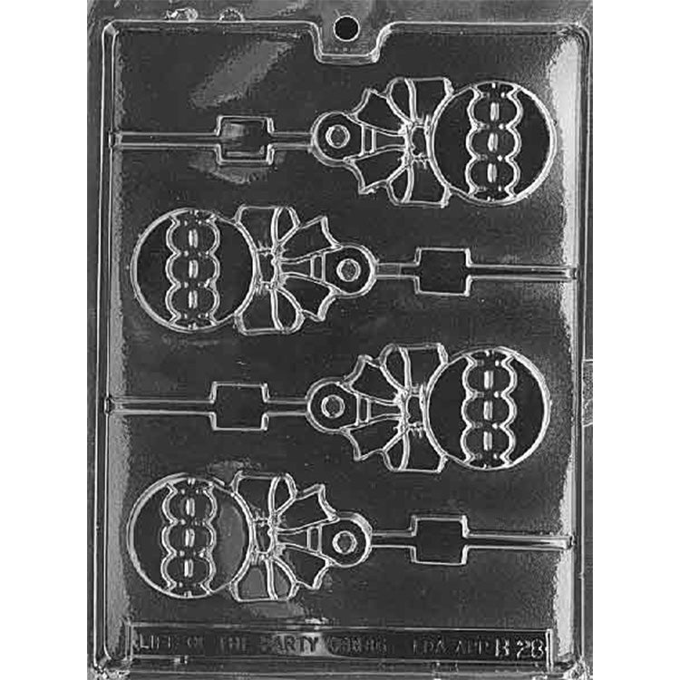 Clear plastic chocolate lollipop mold with four baby rattle cavities featuring a round rattle top, decorative bow, and loop handle.
