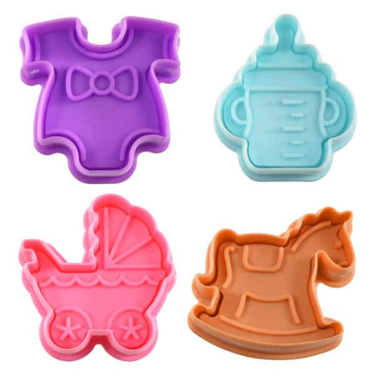 Close-up of four baby-themed stampers in purple, blue, pink, and brown, shaped as a onesie, baby bottle, baby carriage, and rocking horse.