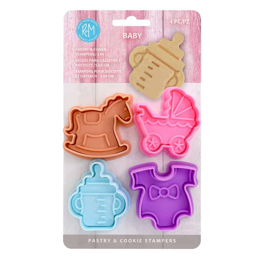 Packaged set of four colorful baby-themed cookie and pastry stampers on display card, featuring a bottle, onesie, baby carriage, and rocking horse.