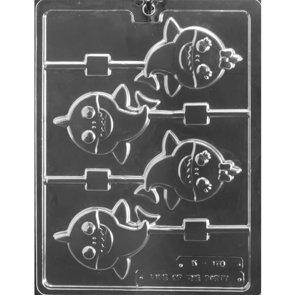 Baby shark chocolate lollipop mold with four cartoon shark cavities, two with bows, and built-in stick channels