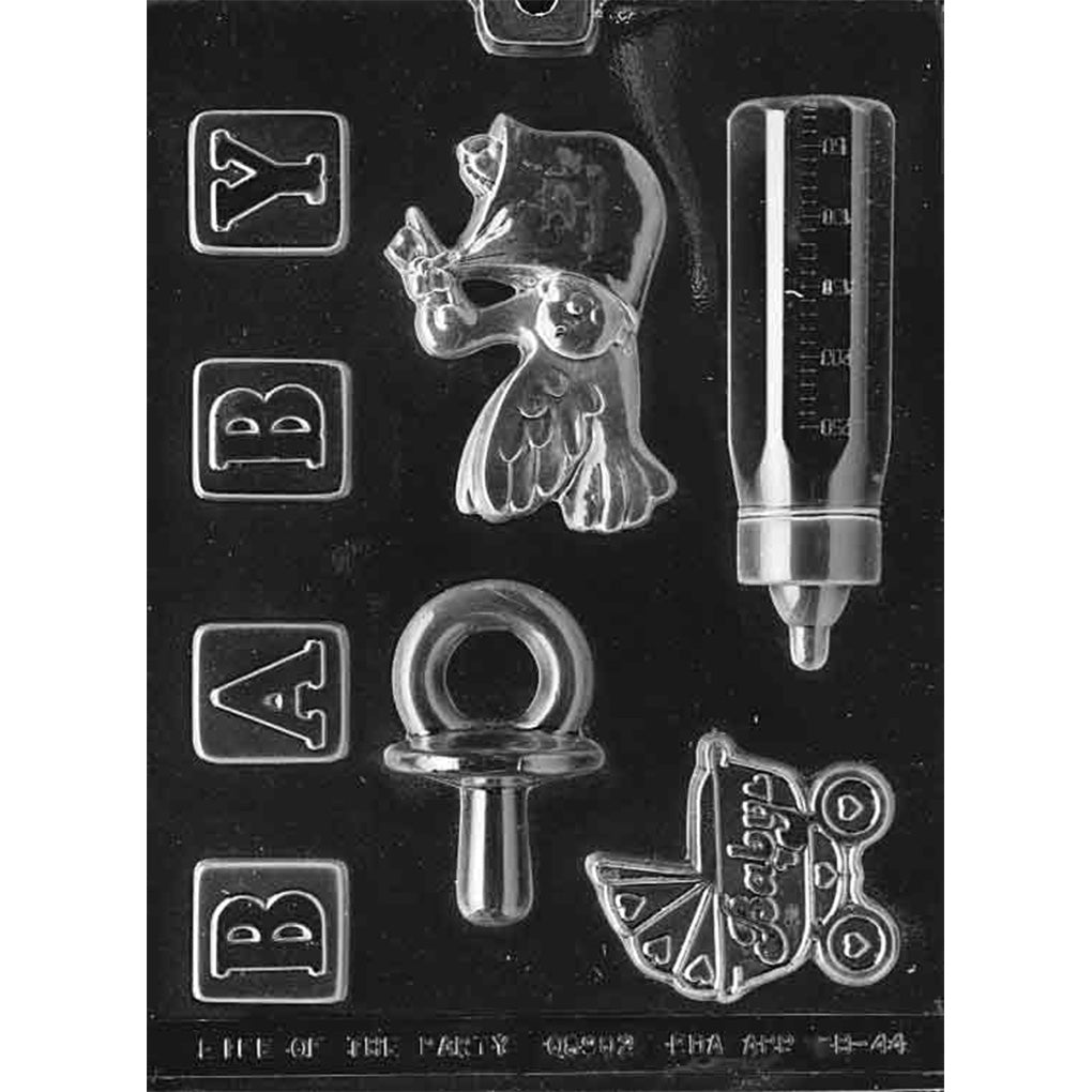 Clear plastic baby shower chocolate mold shown on a dark background with BABY letter blocks, pacifier, stork with bundle, baby bottle, and vintage baby buggy