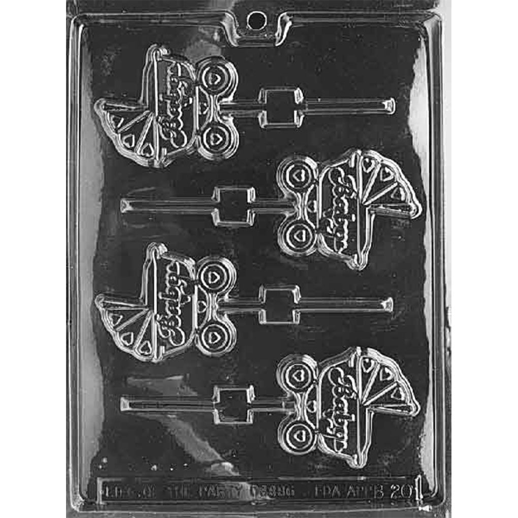 Baby carriage chocolate lollipop mold with multiple pram-shaped cavities featuring the word “Baby,” heart-detailed wheels, and curved carriage hoods.