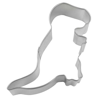 Metal cookie cutter shaped like a baby T-Rex dinosaur with a curved tail and small arms, perfect for dinosaur-themed baking.