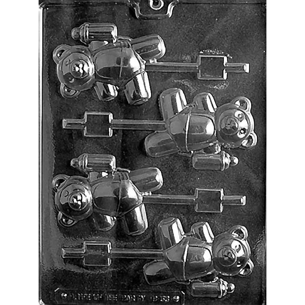 Clear plastic chocolate lollipop mold with four baby teddy bear cavities showing a teddy holding a bottle and wearing a diaper, with stick channels for making baby-themed chocolate pops.
