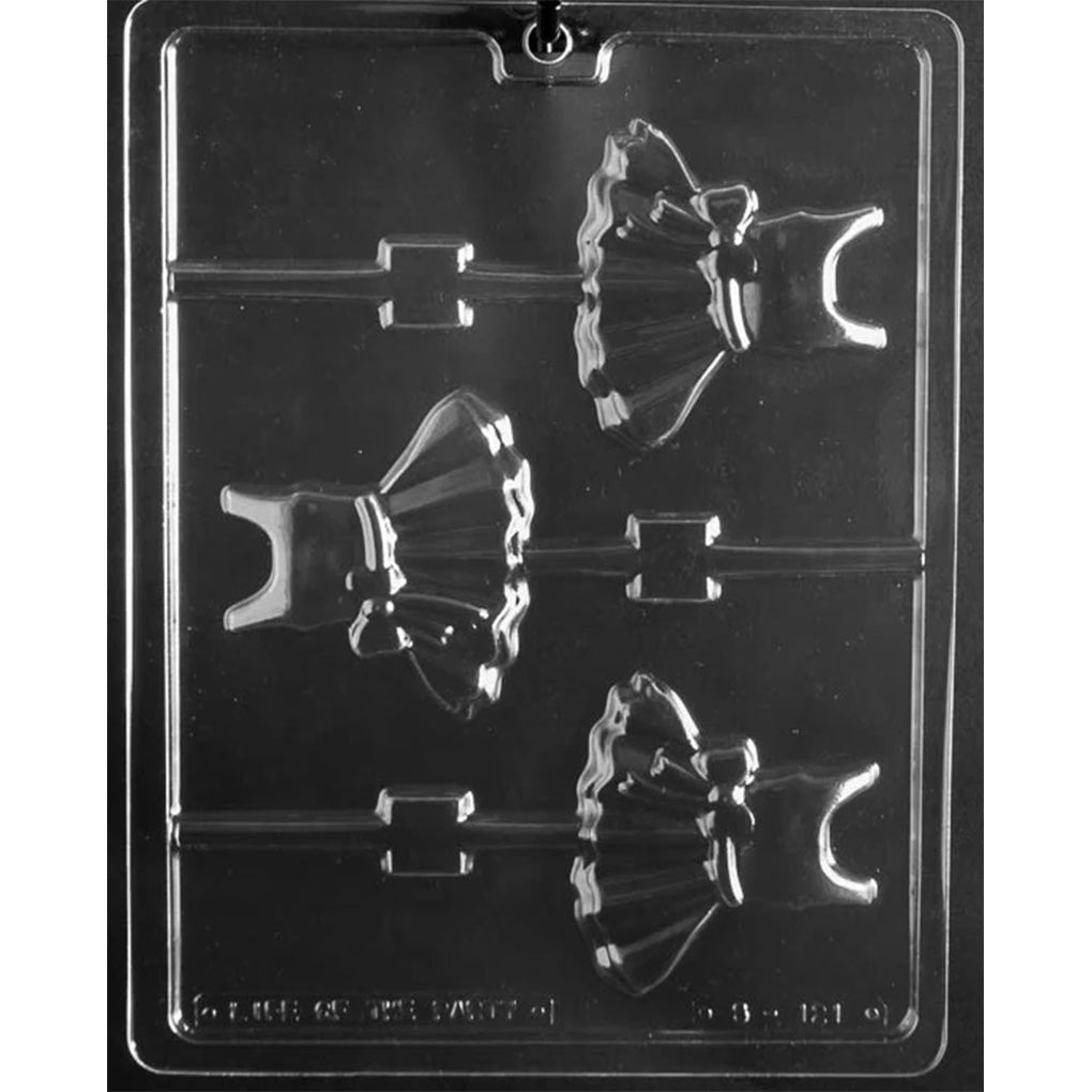 Three-cavity ballerina dress chocolate lollipop mold with fitted bodices, waist bows, pleated tutus, scalloped hems, and stick channels