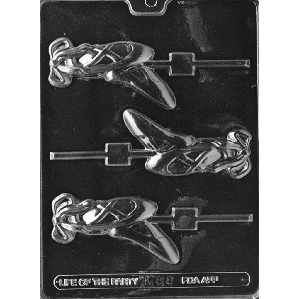 Ballet slippers chocolate lollipop mold with 3 crossed slipper cavities, ribbon details and built-in stick channels