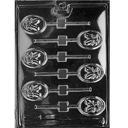 Chocolate lollipop mold with six oval ballet slipper cavities, each measuring 2 x 1 1/2 x 3/8 inches deep