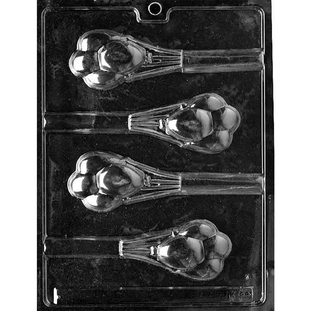 Four-cavity balloon bunch pretzel rod chocolate mold with clustered balloon shapes, gathered string details, and long channels for pretzel rods.