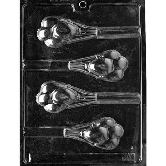 Four-cavity balloon bunch pretzel rod chocolate mold with clustered balloon shapes, gathered string details, and long channels for pretzel rods.