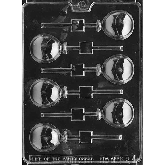 Balloons chocolate lollipop mold with six individual round balloon cavities featuring tied necks and built-in stick channels