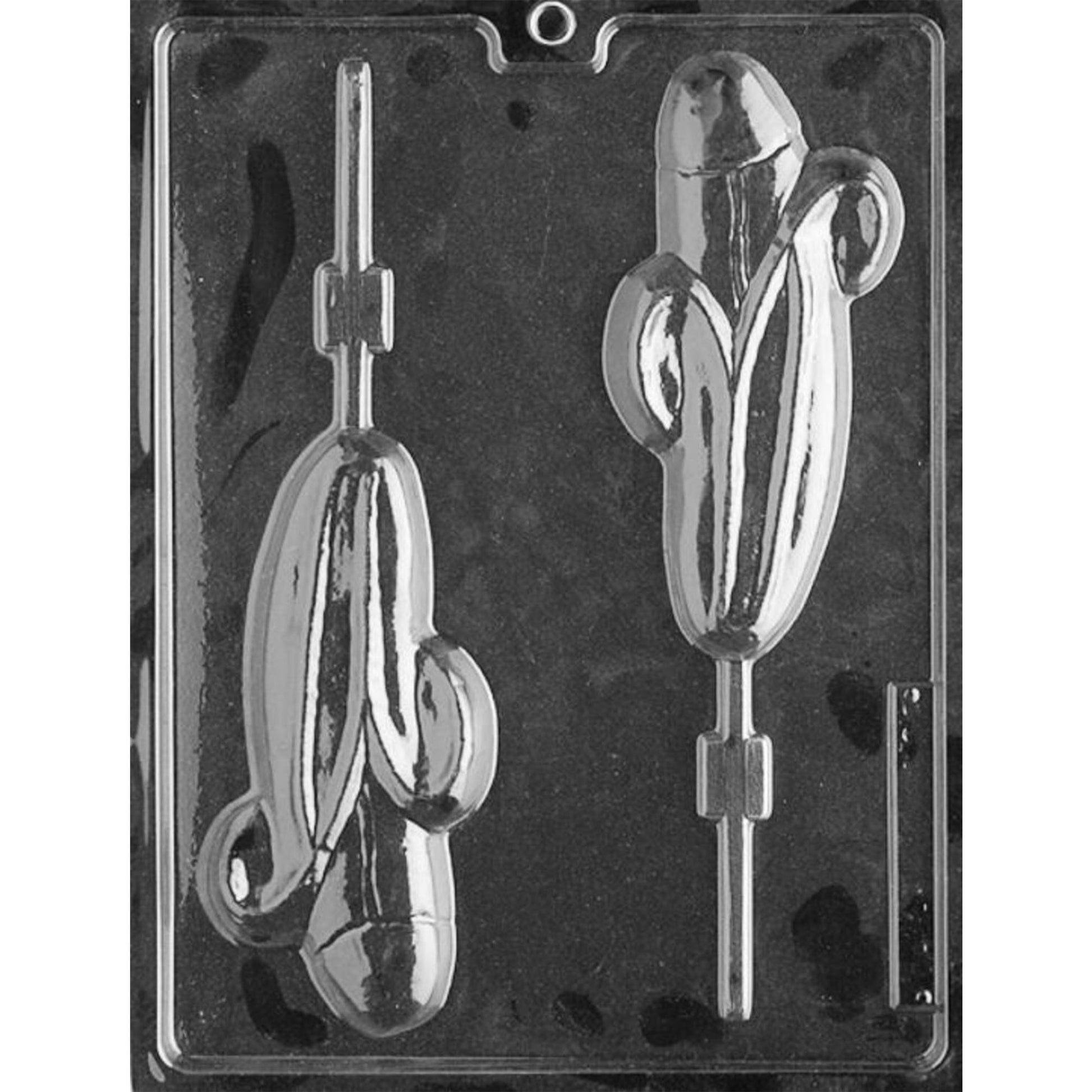 Clear plastic Banana Penis Chocolate Lollipop Mold photographed against a dark background, featuring two cavities shaped like peeled bananas combined with penis designs and channels for lollipop sticks.