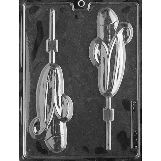 Clear plastic Banana Penis Chocolate Lollipop Mold photographed against a dark background, featuring two cavities shaped like peeled bananas combined with penis designs and channels for lollipop sticks.