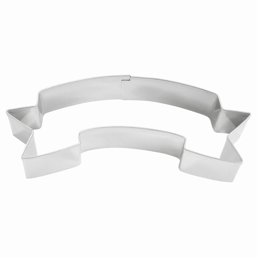 Banner-shaped cookie cutter made of tinplated steel.