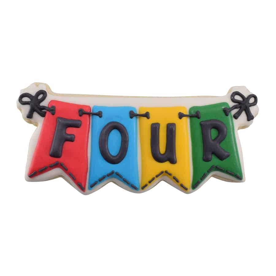 Colorful "FOUR" banner cookie in red, blue, yellow, and green with black letters.