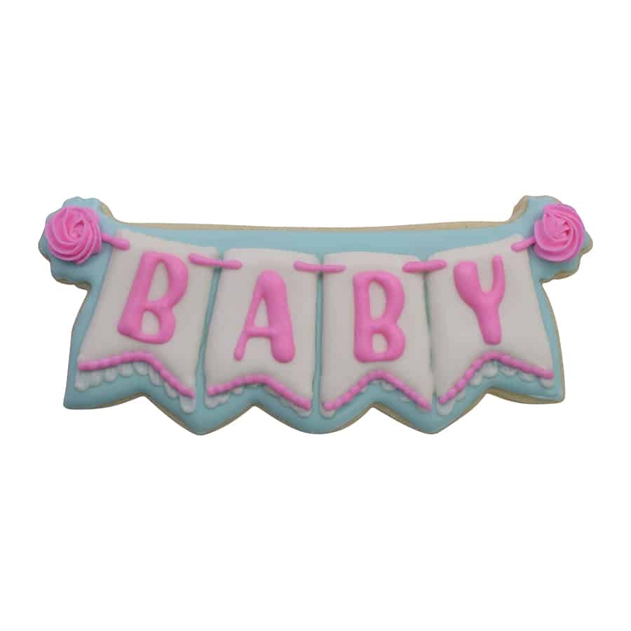 "BABY" banner cookie with pastel icing, pink letters, and decorative flowers.